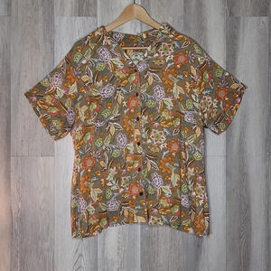 Hawaiian Palm Colorful Floral Short Sleeve‎ Collared Casual Button Up Women 2XL